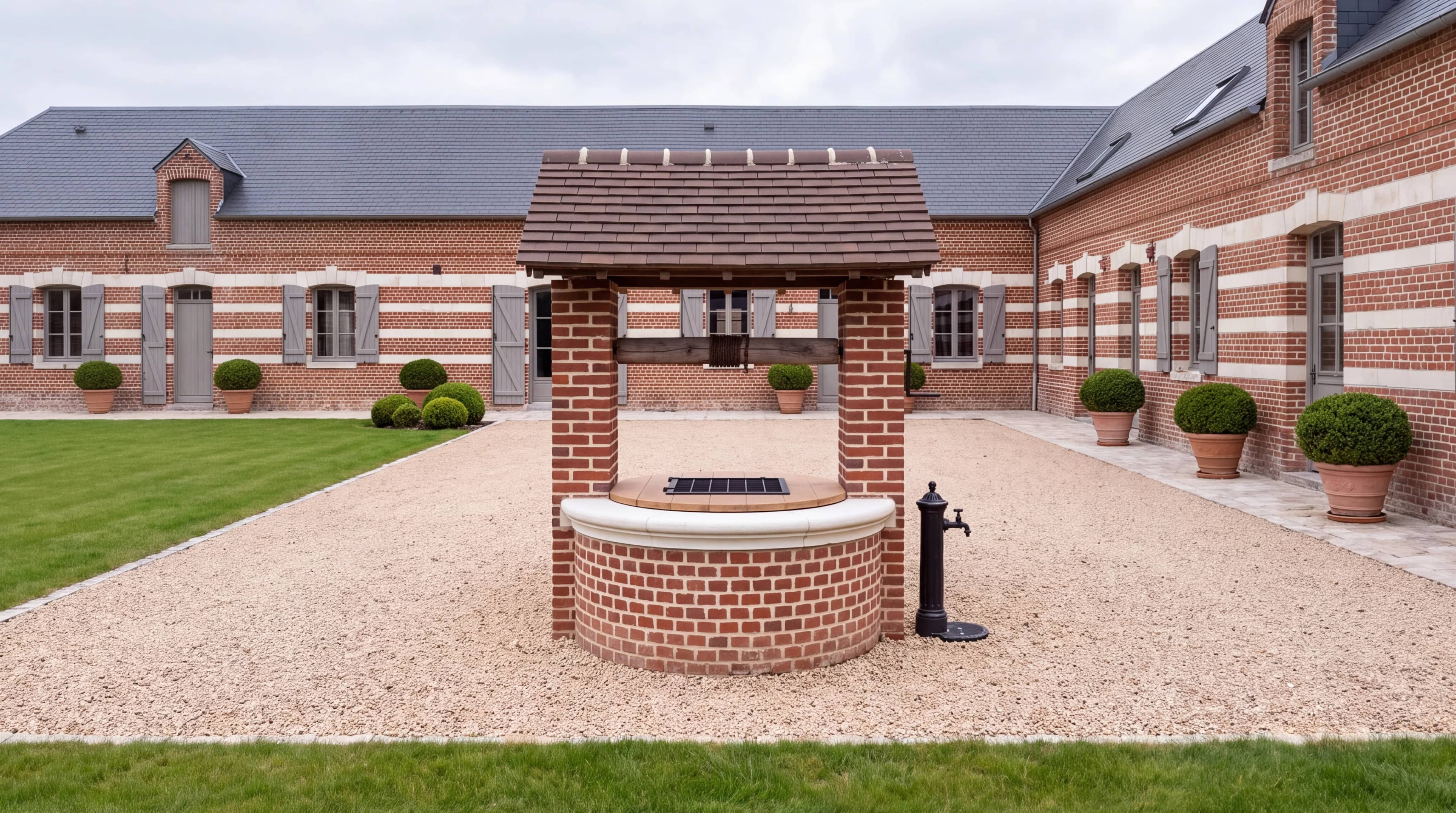 Puits de brique remis en état, margelle de pierre blanche et couvercle de chêne, dans la cour d’une longère picarde