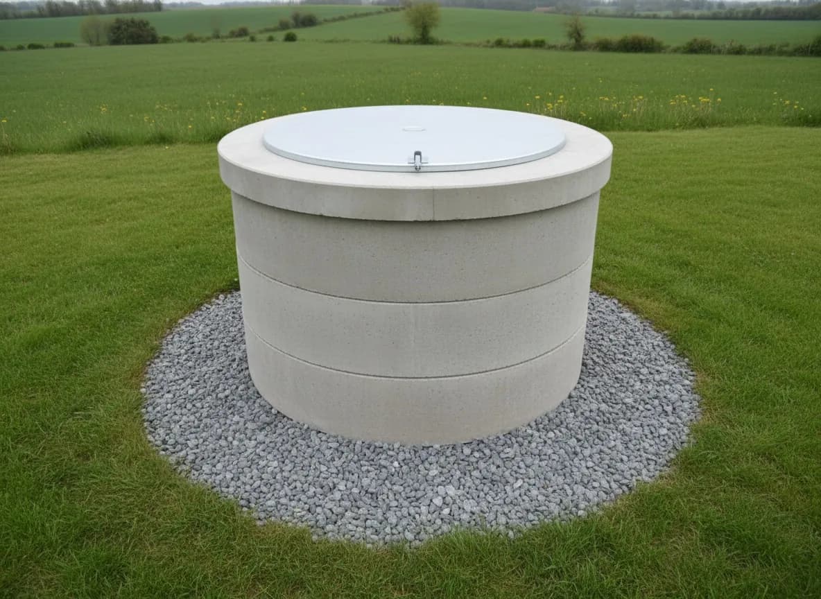 Puits neuf en buses de béton, margelle ronde et couvercle acier verrouillable, gravier au pied