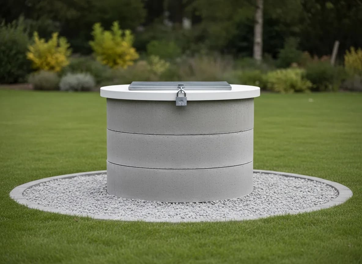 Puits neuf en buses de béton avec sa margelle en pierre blanche et son couvercle, au fond d’un jardin