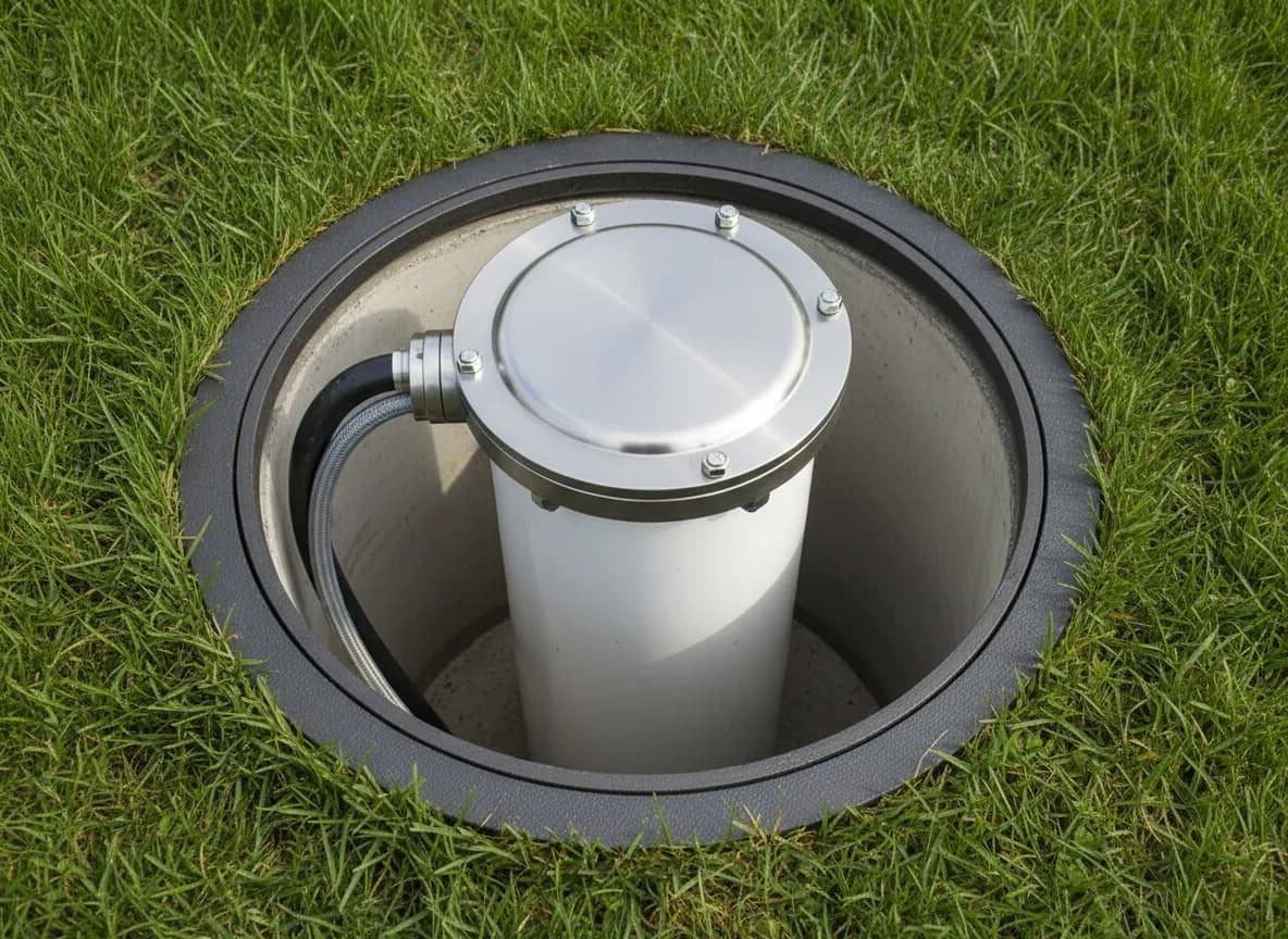 Tête de forage fermée dans son regard : tubage blanc, capot inox boulonné, tuyau d’eau qui en sort