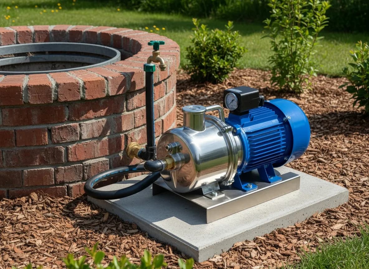 Pompe de surface inox posée sur une dalle au pied d’un puits en brique, manomètre et robinet de jardin