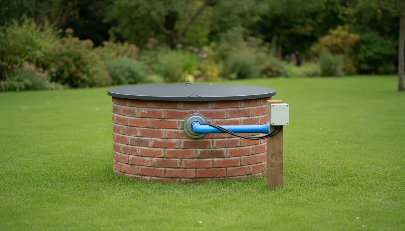 Pompe immergée neuve et son coffret installés sur un puits rénové, jardin de la vallée de l'Ancre