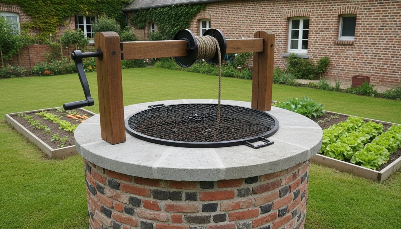 Puits ancien en brique remis en état au bord d'un potager amiénois, margelle de pierre, grille neuve et treuil en bois