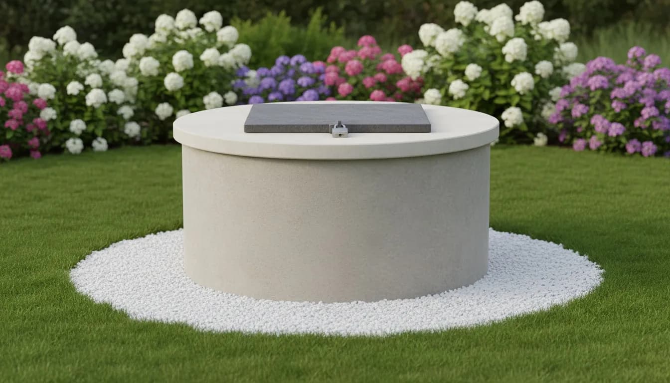 Puits neuf en buses de béton avec margelle claire et couvercle verrouillé, jardin fleuri du Beauvaisis