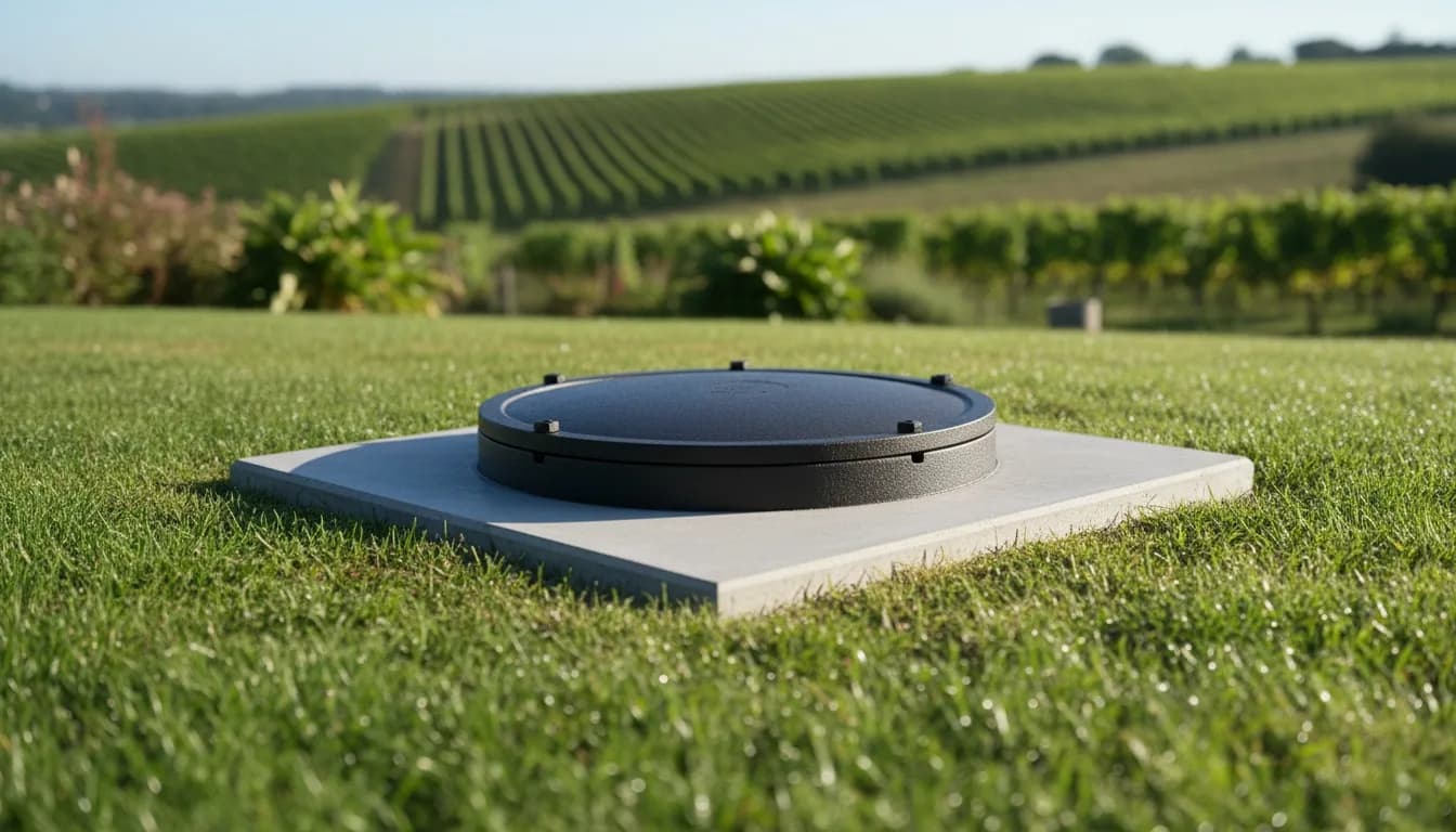 Tête de forage finie dans une pelouse, regard fermé dans sa dalle, vignes du coteau de la Marne au loin