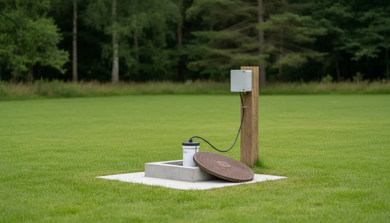 Tête de forage d'eau finie, regard en fonte et coffret de commande, pelouse d'une maison de l'Oise