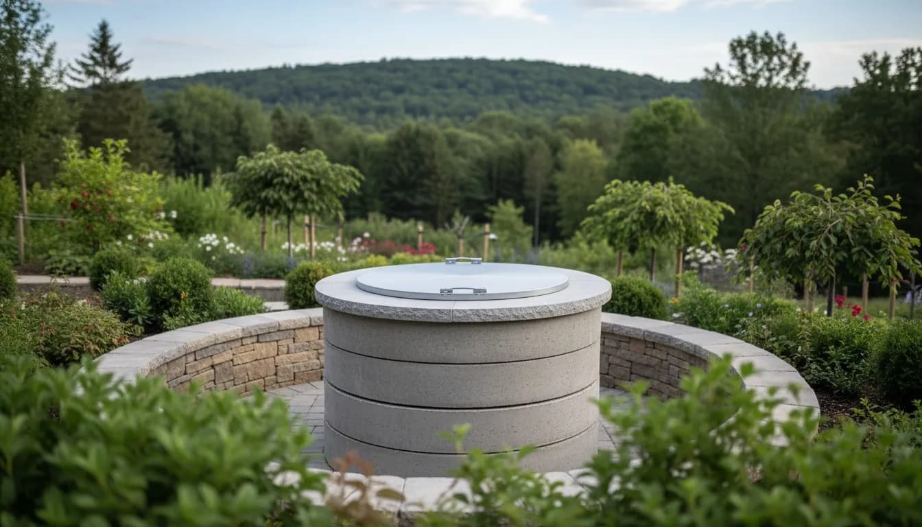 Puits neuf en buses avec margelle en pierre et couvercle, jardin d'un faubourg au pied d'une butte