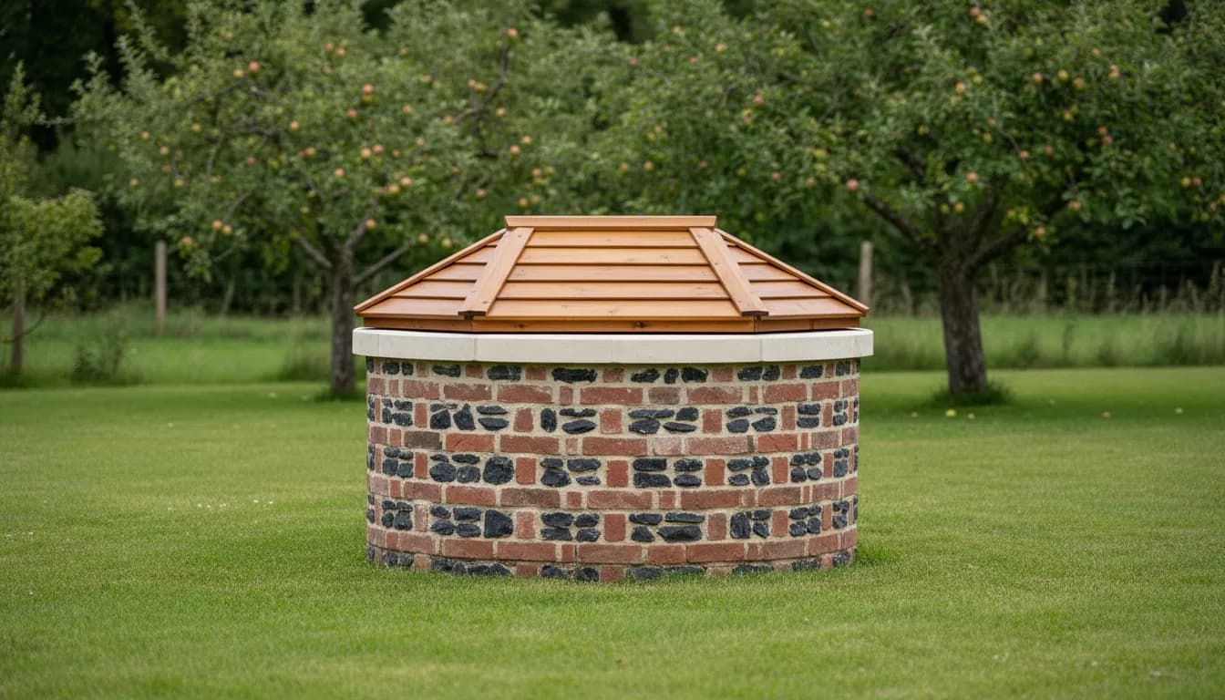 Puits en brique et silex restauré, margelle de pierre claire et toit de bois, dans un verger picard