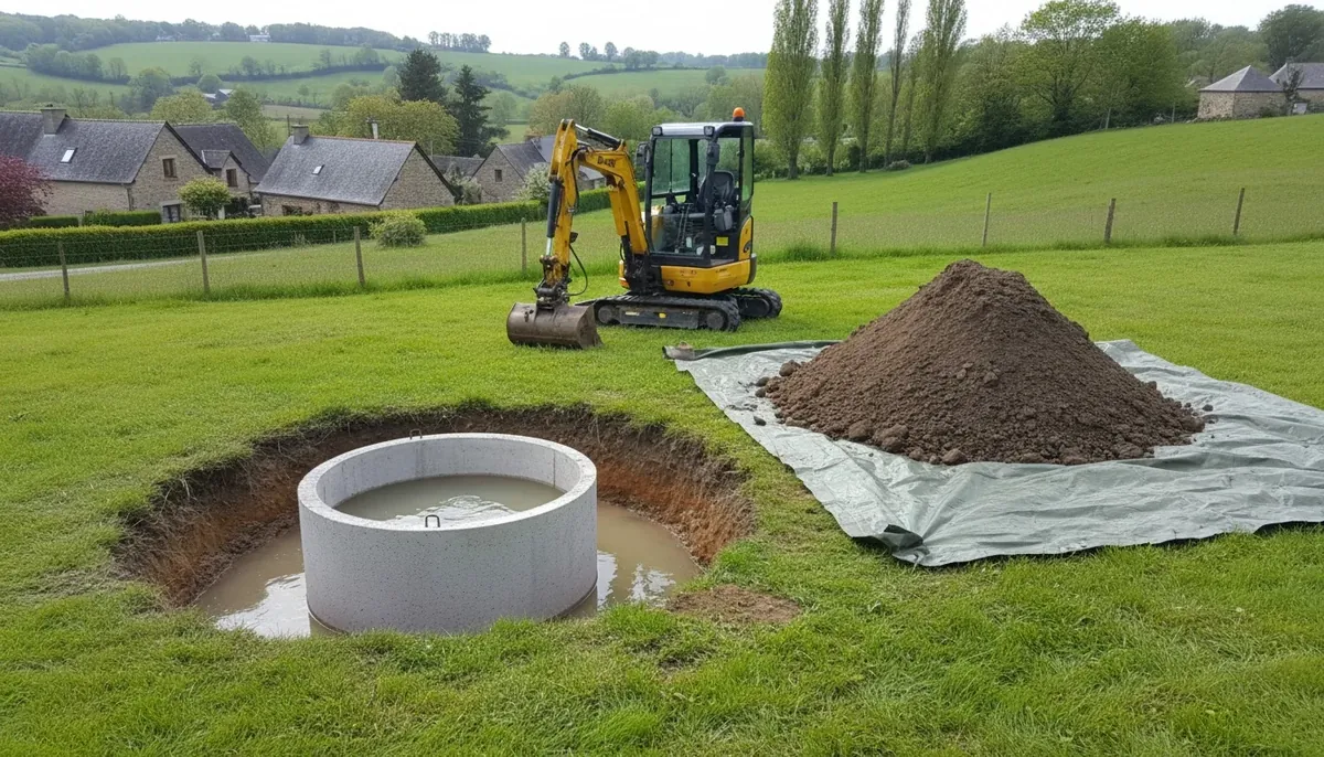 Fouille ronde au fond d'un jardin de vallée, première buse béton posée de niveau et eau claire qui monte autour, déblais rangés sur une bâche