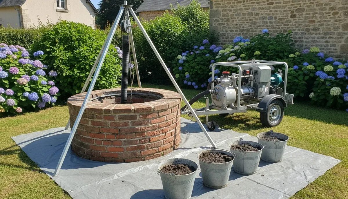 Curage d'un vieux puits en briques, trépied et treuil au-dessus de l'ouverture, pompe à boue sur remorque et seaux de vase alignés sur une bâche