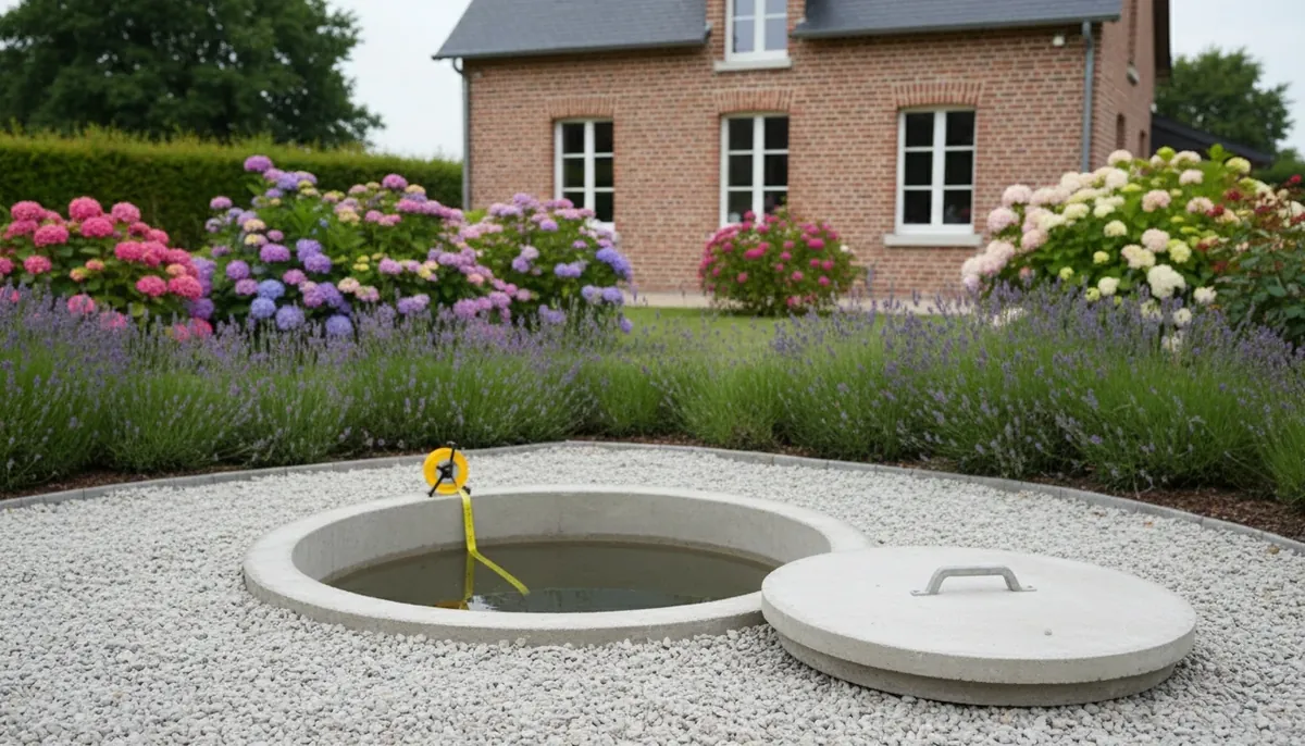 Puits busé neuf au ras d'un lit de gravier, couvercle posé à côté et ruban de la sonde de niveau descendu jusqu'à l'eau