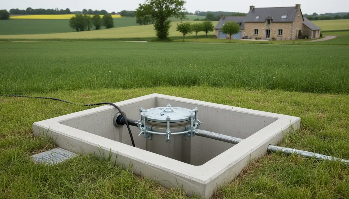 Tête de forage domestique fermée par un capot étanche dans un regard béton, câble et tuyau sortant vers la maison