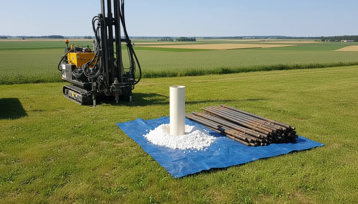 Forage d'eau terminé sur un plateau de craie, tube PVC sorti de terre, craie blanche remontée et tiges rangées sur une bâche, foreuse derrière