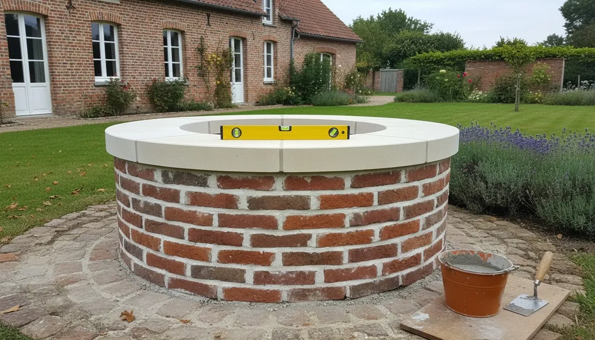 Vieux puits en briques coiffé d'une margelle neuve en pierre claire, joints frais et niveau à bulle posé dessus