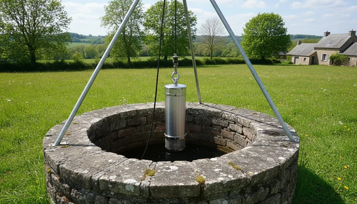 Pompe immergée inox suspendue à son câble au-dessus d'un puits maçonné, prête à être descendue dans l'eau