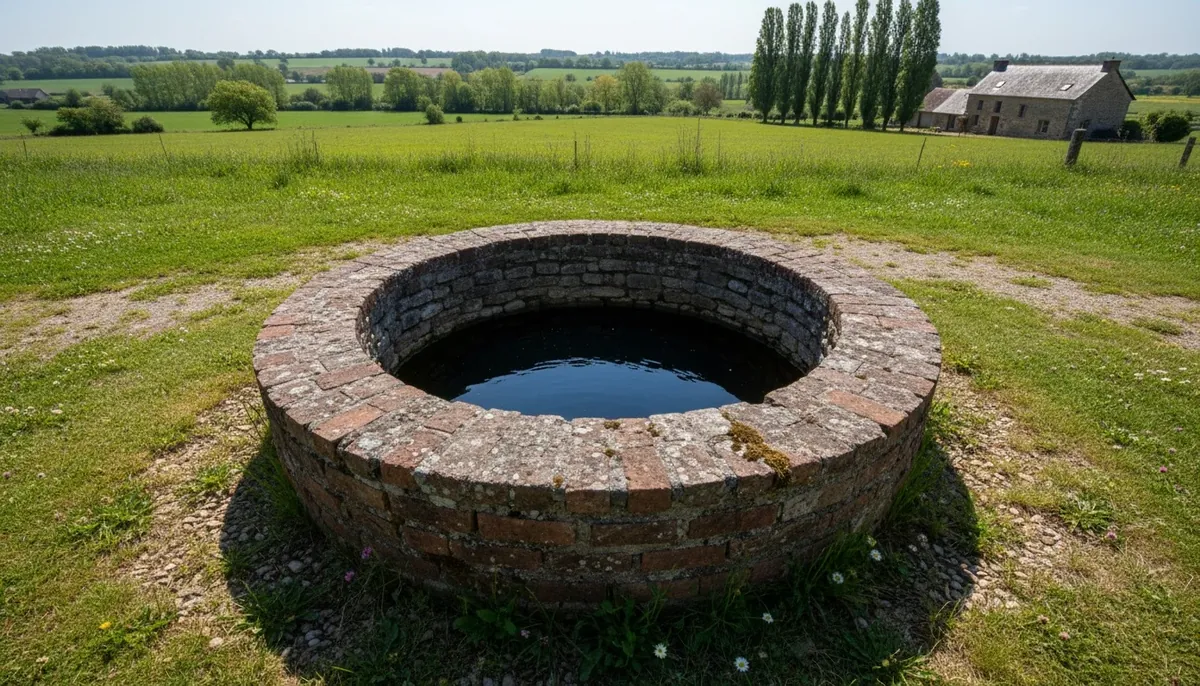 Puits maçonné ouvert vu d'en haut, eau sombre visible à quelques mètres sous une margelle de briques rouges