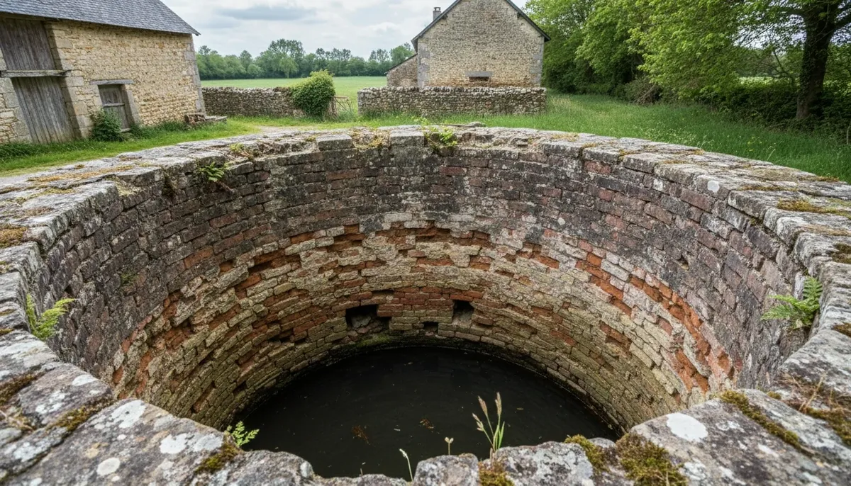Paroi intérieure d'un vieux puits en briques et silex, joints creusés par l'eau et quelques briques manquantes juste au-dessus du niveau d'eau